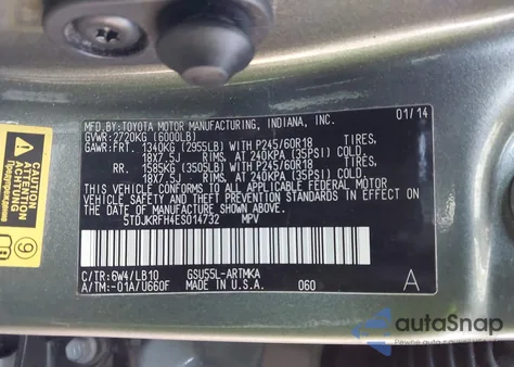 2014 Toyota Highlander Xle V6 z USA, uszkodzony, nr VIN 5TDJKRFH4ES014732